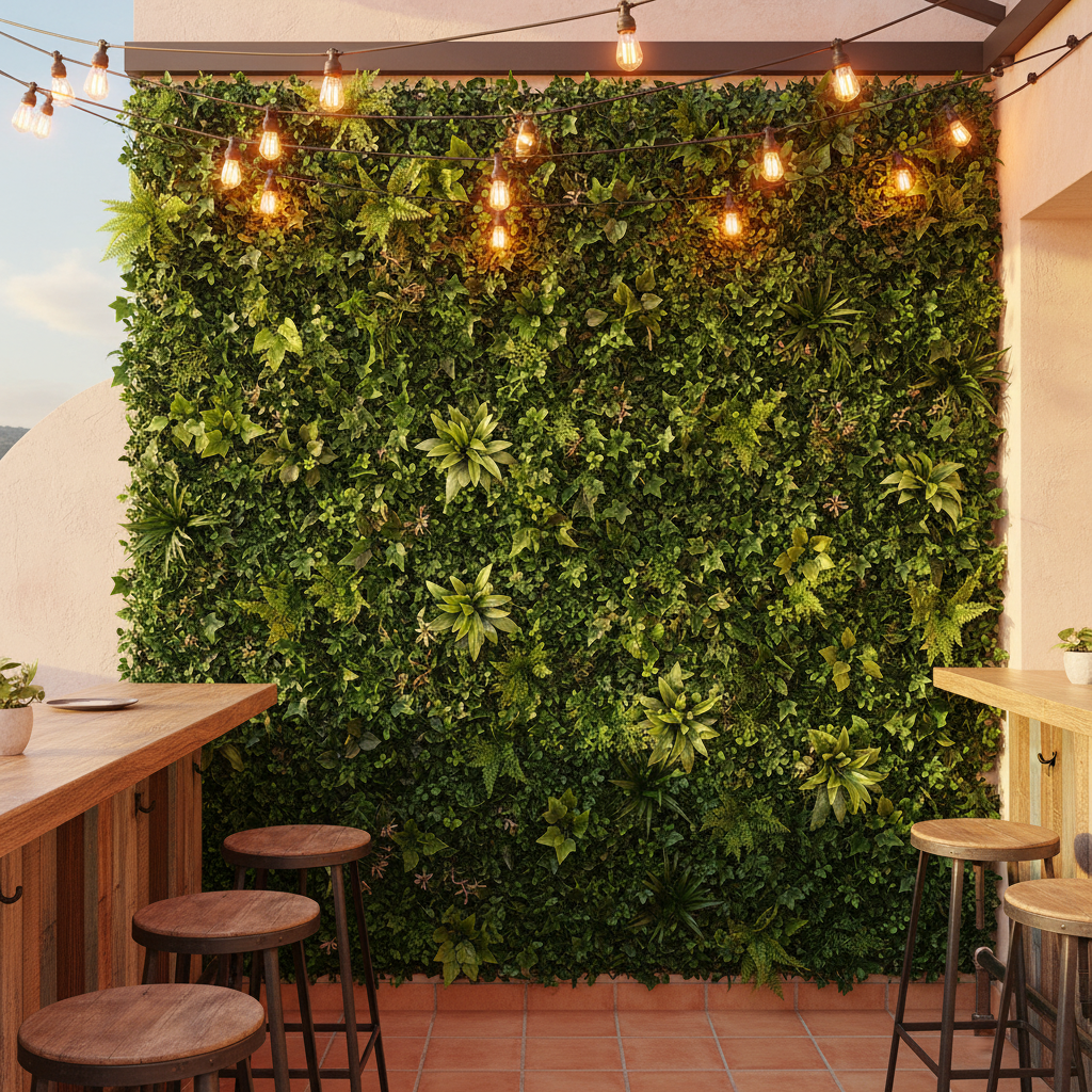 Jardín vertical mixto artificial en terraza con luces