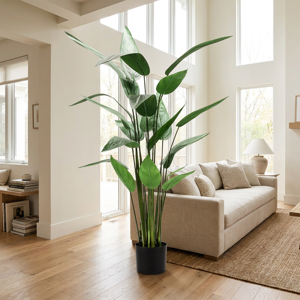 Heliconia artificial en salón luminoso