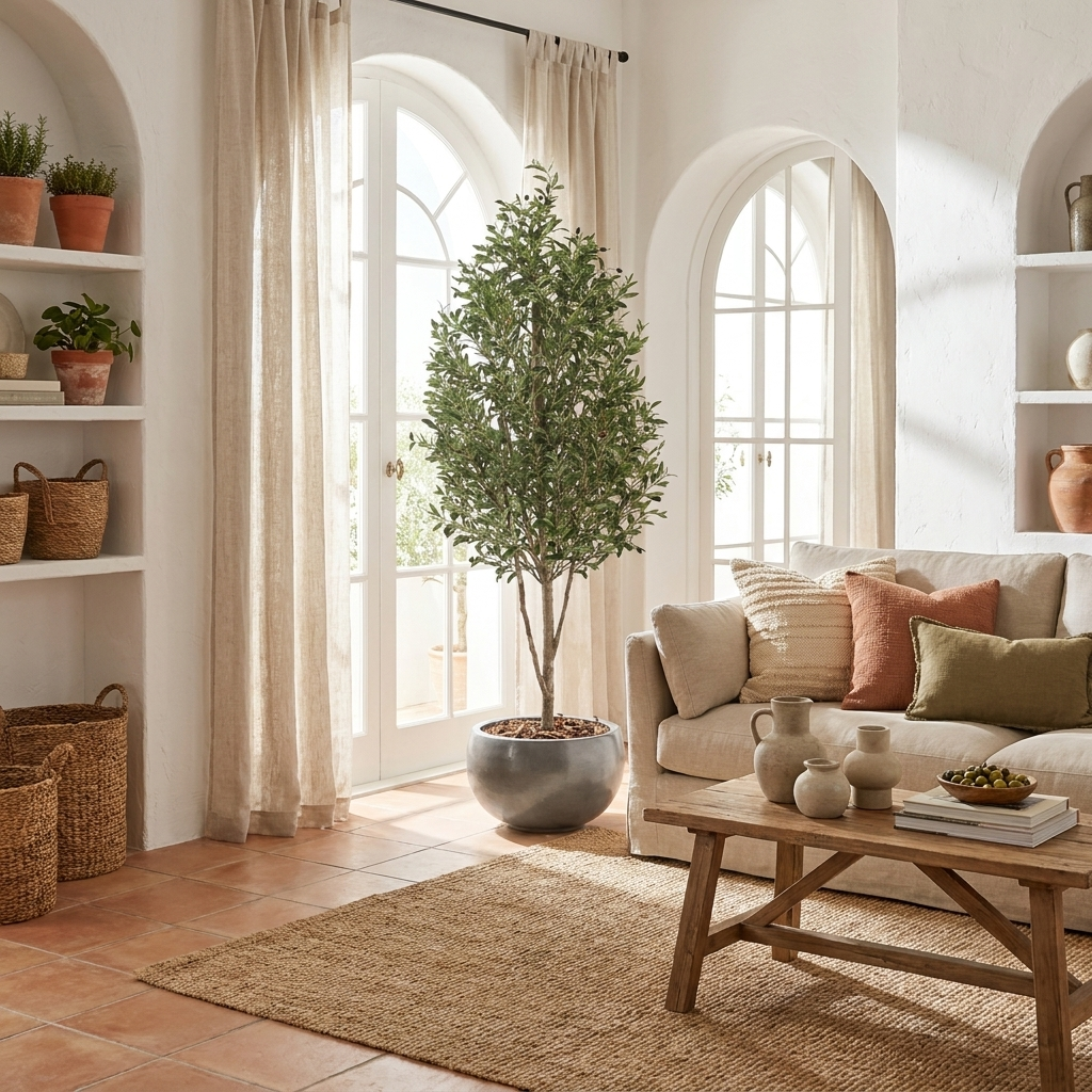 Olivo Mini artificial 175 cm en salón mediterráneo
