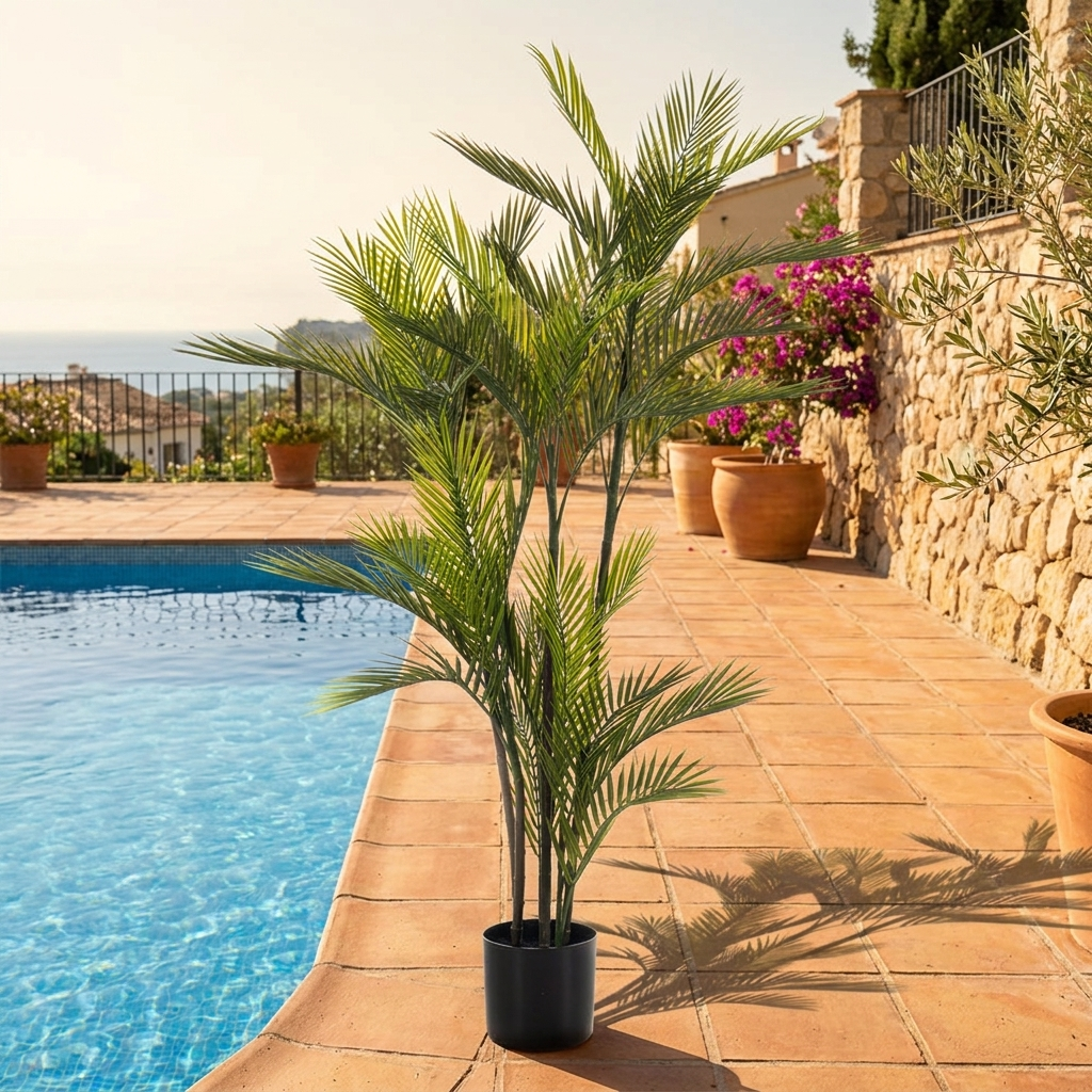 Palmera artificial UV 140 cm junto a piscina