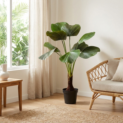 Palmera Licuala artificial en salón tropical