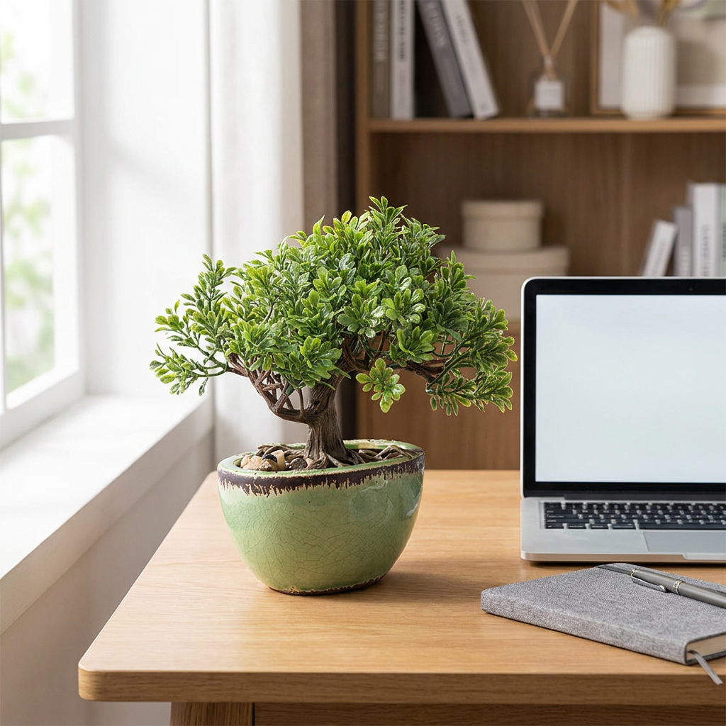 Mini bonsái ficus artificial en escritorio