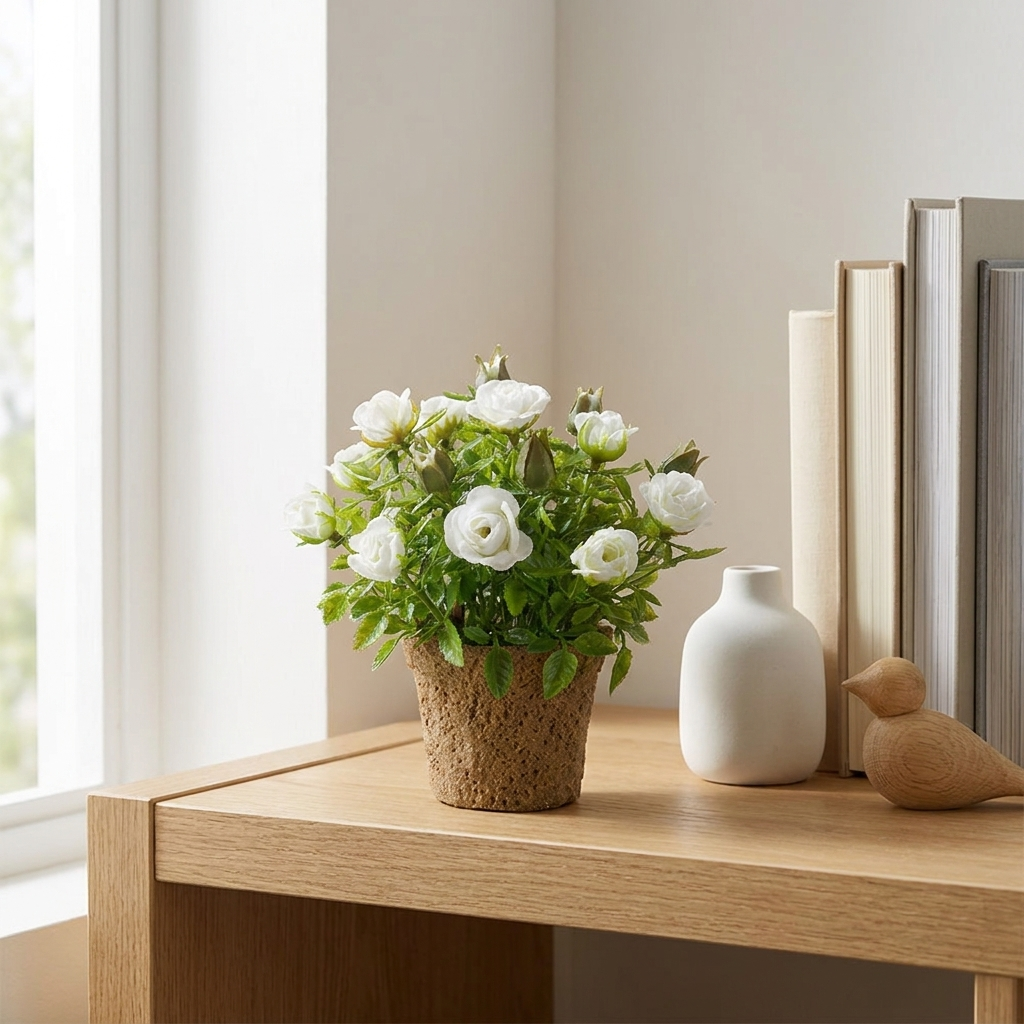 Rosa mini artificial blanca en estantería