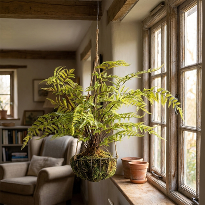 Kokedama helecho artificial con cesta metálica junto a ventana