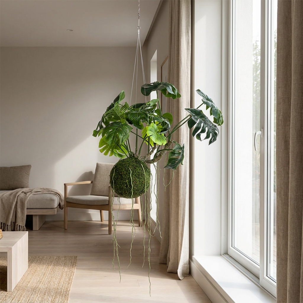 Kokedama monstera artificial colgante 60 cm