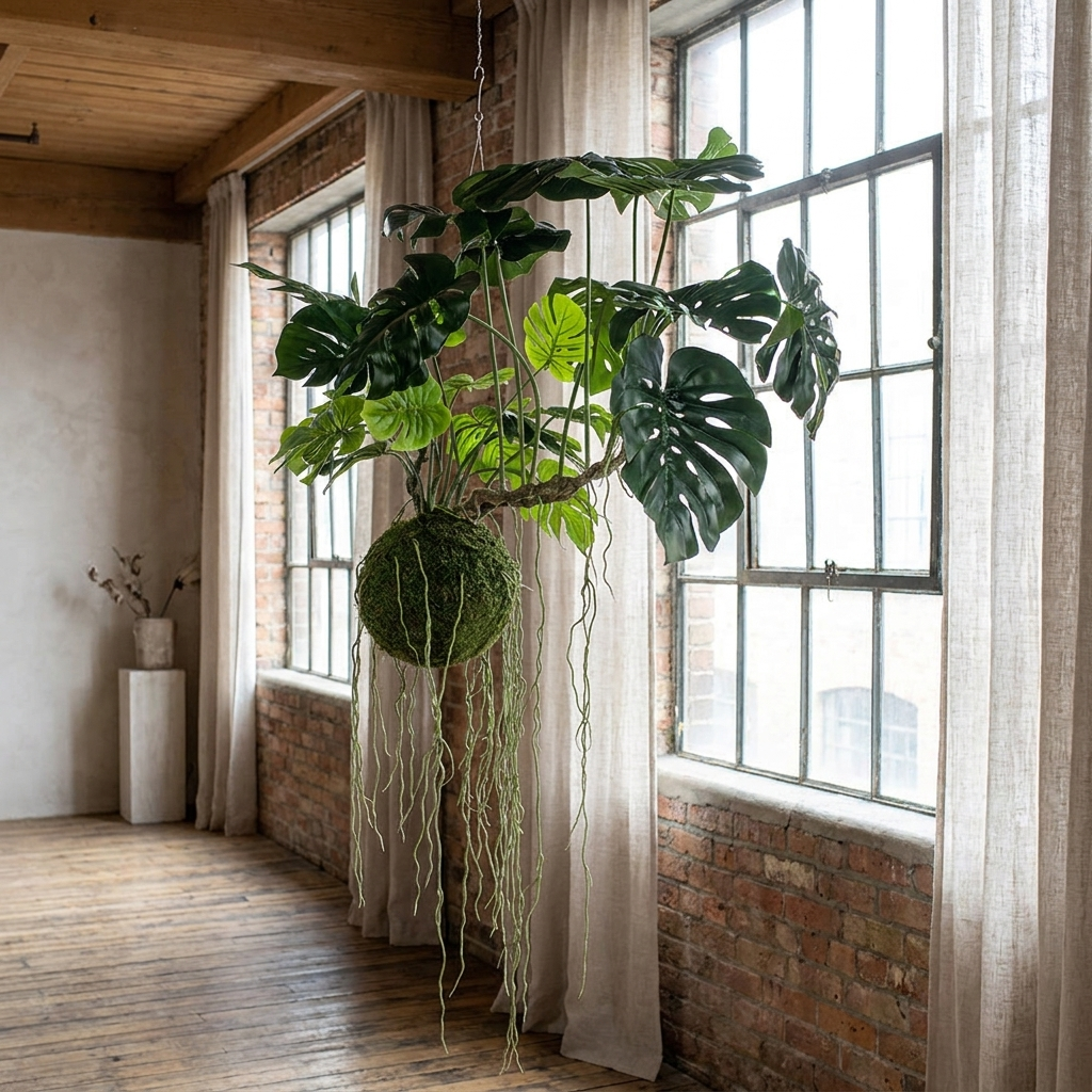 Kokedama monstera artificial colgante 80 cm