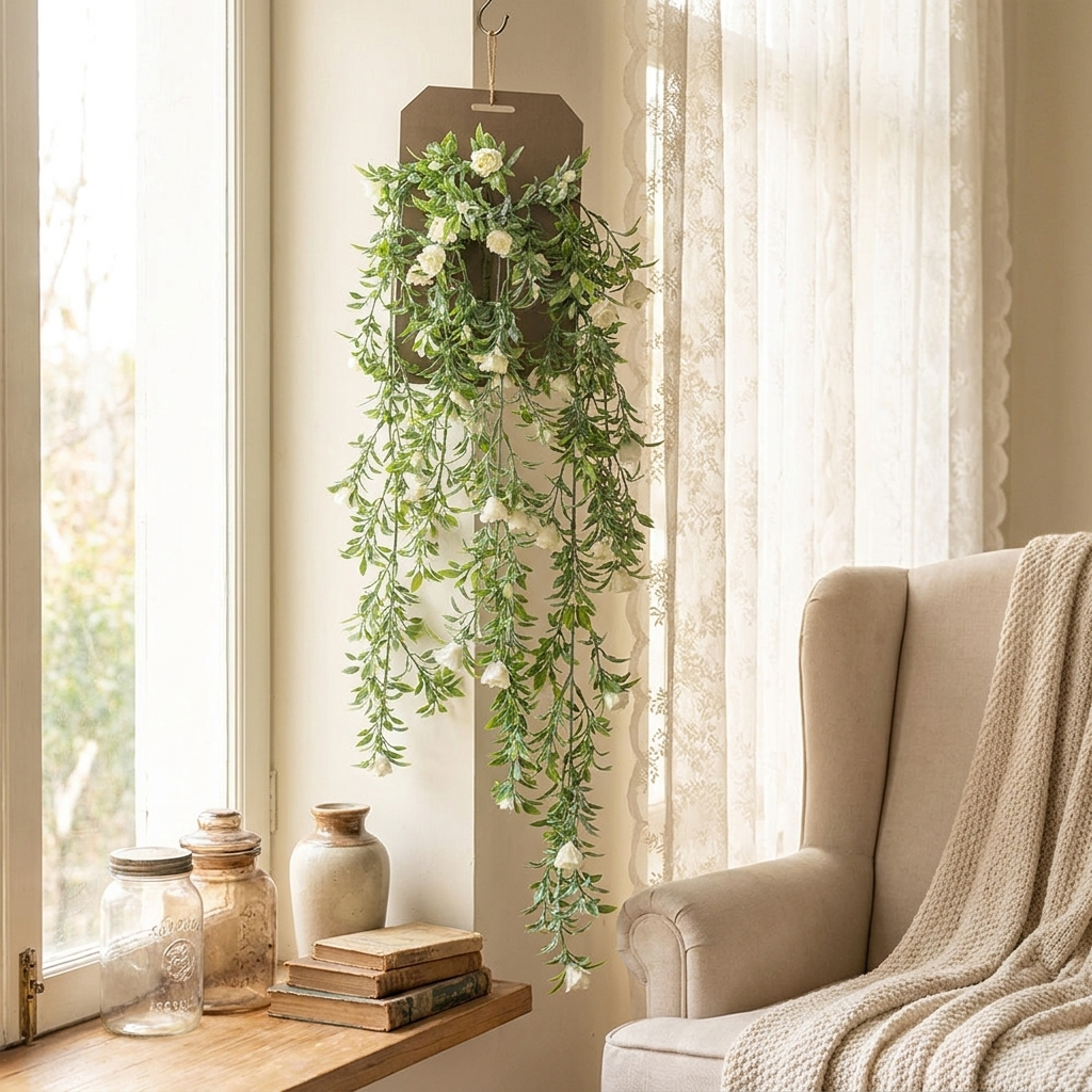 Rosas blancas artificiales colgantes junto a ventana