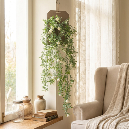 Rosas blancas artificiales colgantes junto a ventana
