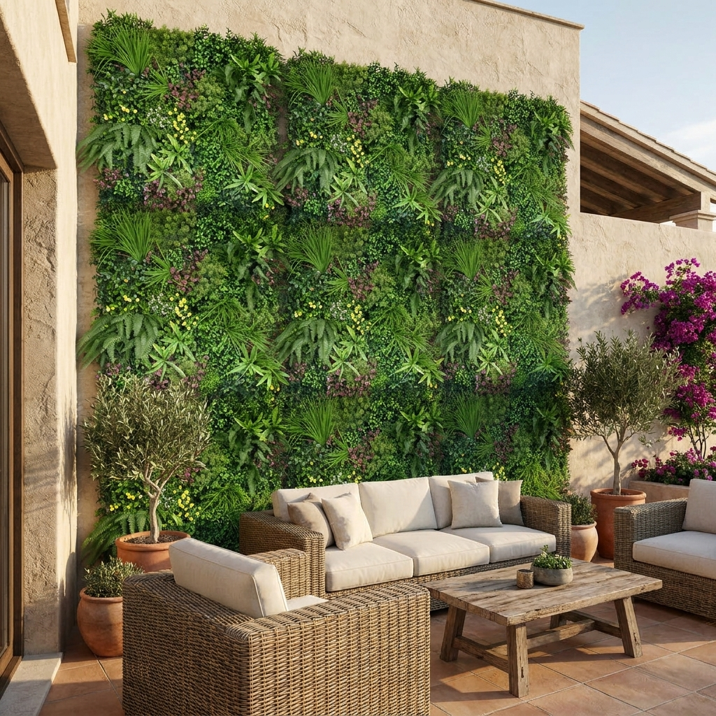 Jardín vertical Garden artificial UV en pared exterior