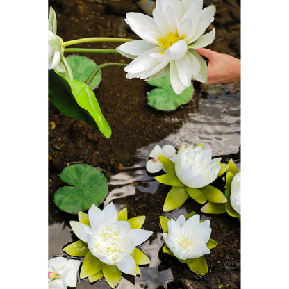 Montaje: nenúfar artificial Flotante Mediano de 13 cm, color blanco; las otras piezas no se incluyen