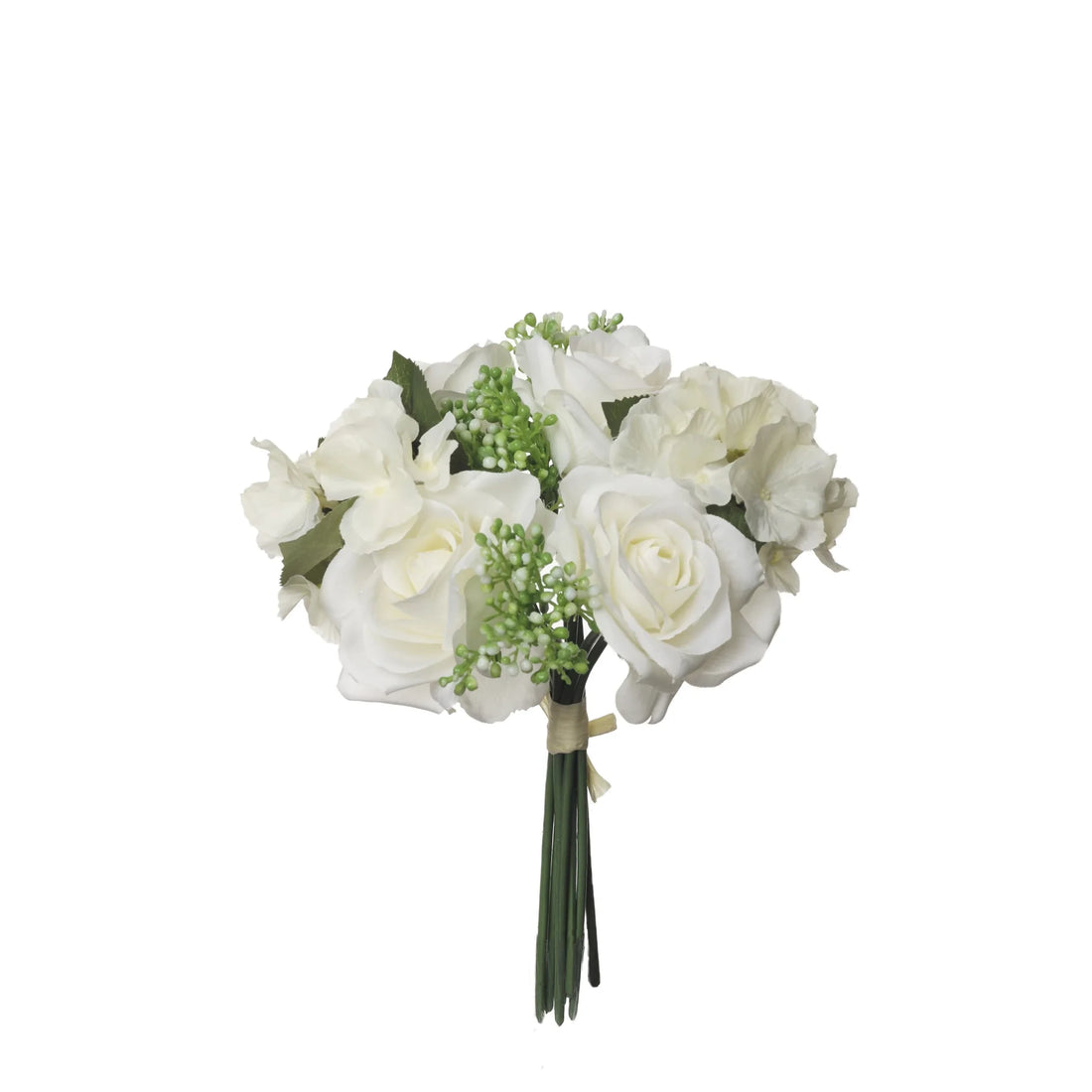 Ramo artificial de Rosas, Hortensias y Gypsophila de 27 cm, color blanco