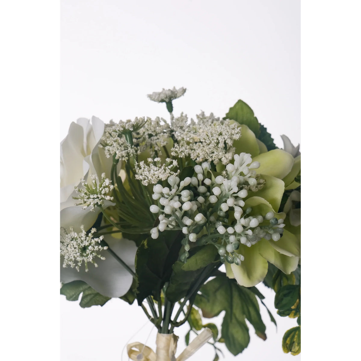 Ramo artificial de Rosas, Hortensias y Margaritas de 27 cm, color crema
